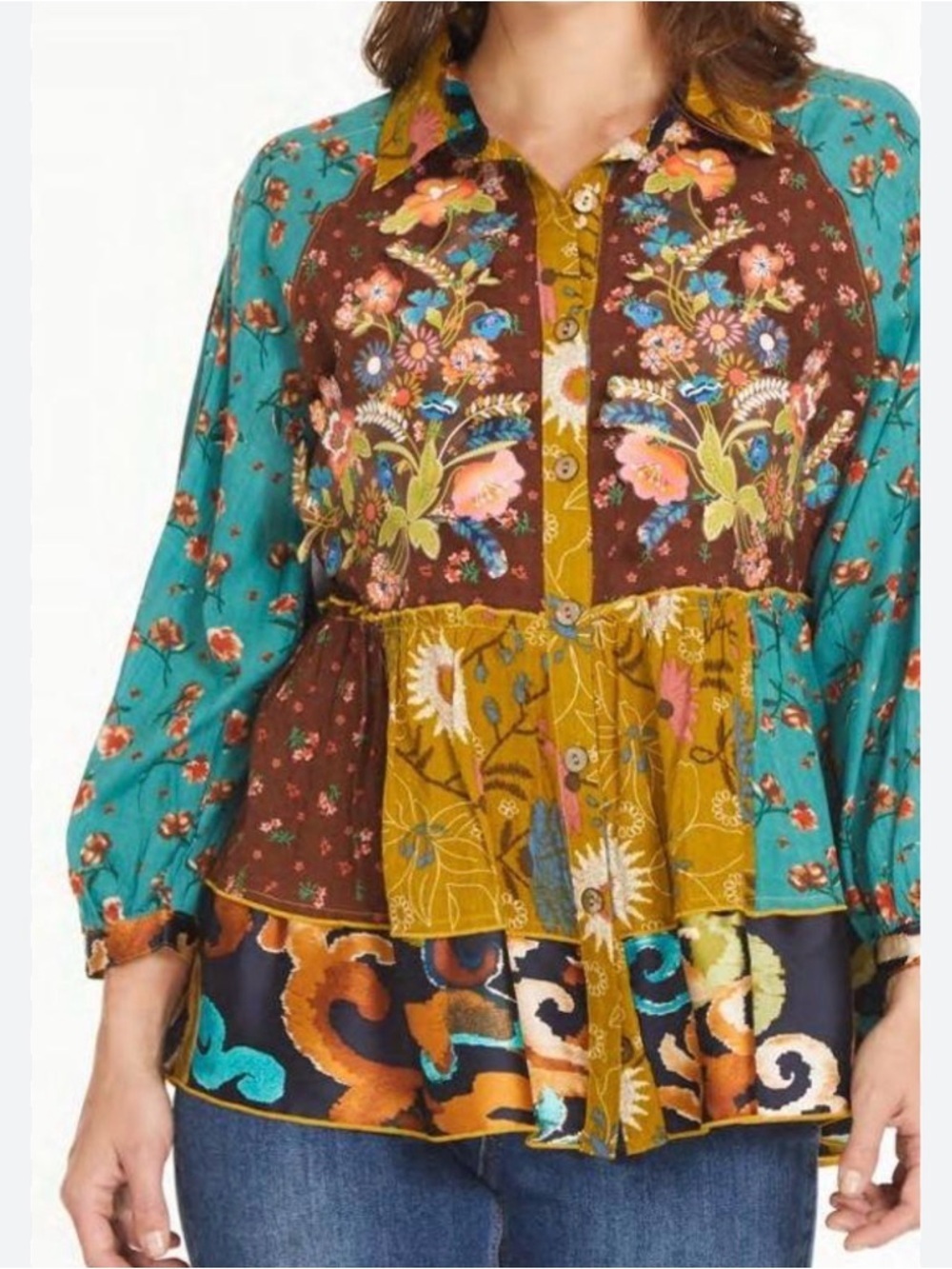 John Mark XS Patchwork Embroidered Tunic Blouse boho hippie festival floral
